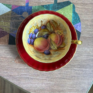 Aynsley Signed Jones Fruit Orchard Bone China Deep Red Tea Cup and Saucer D439